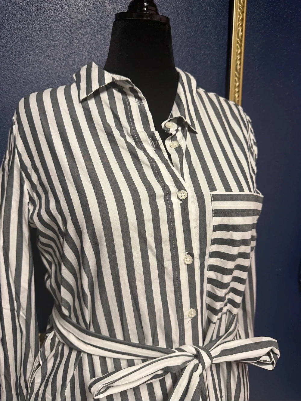 Who What Wear Striped Tie-Waist Midi Shirt Dress in White and Grey - Picture 2 of 3